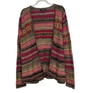 Chaps Fair Isle Cardigan Womens Size Large Pink Southwestern Boho Open Sweater